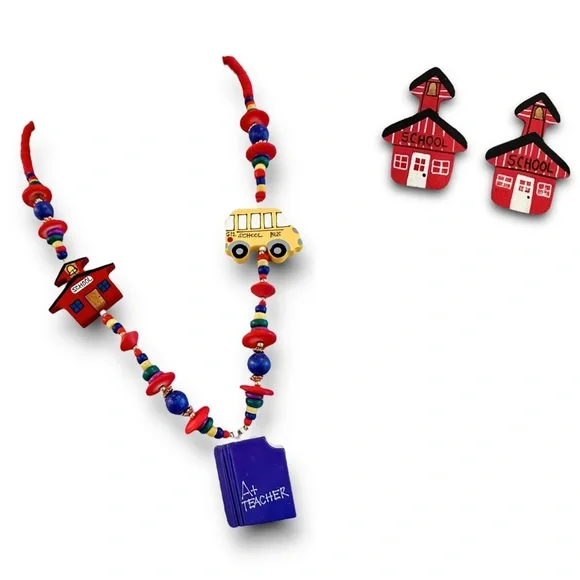 Vintage 90s Y2K Handmade Teacher Jewelry Set Schoolhouse Bus Necklace Earrings - Picture 1 of 13